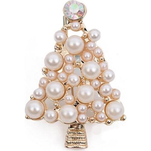 Brooch Stylish Elegant Christmas Tree Diamond Pearl Wedding Bridal Pin Brooches For Women Girls Jewelry (Golden)