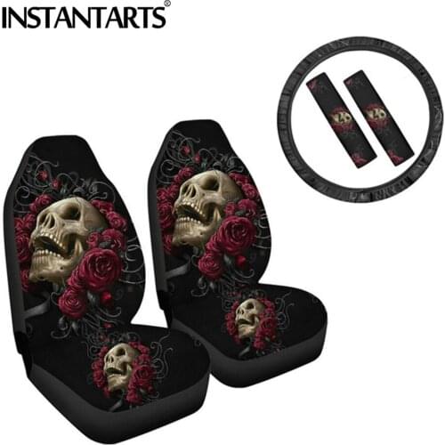 INSTANTARTS Fashion Sugar Skull Patterns Easy to Install Vehicle Seat Covers Washable Steering Wheel Cover Non Fade Seatbelt Pad