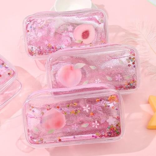 Kinbor Glitter Cute Peach Transparent Pencil Case Large Capacity Supplies Stationery Gift Tools Storage Back To School