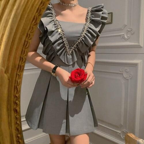 Womens dress 2021 new beaded rhinestone V-neck ruffled waist bag hip pleated summer dress