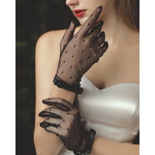 Elegant Female Summer Thin Mesh Dot Stretch Anti-UV Sunscreen Driving Gloves Sexy Lace Bow Full Finger Cycling Mittens L93