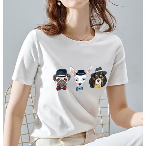 T-shirt Womens Summer Fashion Top Casual Basic Three-piece Hat Dog Print Top O-neck Slim Ladies Commuter Soft Short Sleeves