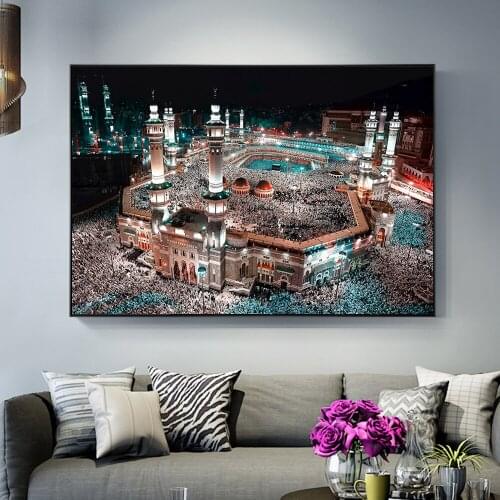 Great Mosque of Mecca Night View Canvas Paintings on the Wall Art Posters and Prints Islamic Art Pictures For Living Room Cuadro