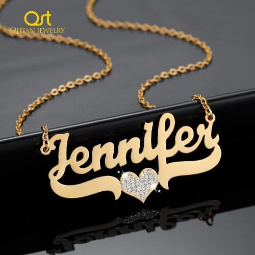 Personalized Name Necklace With Crystal Heart Custom Stainless Steel Names Pendant Gold Chain For Women Jewelry Birthday Gifts