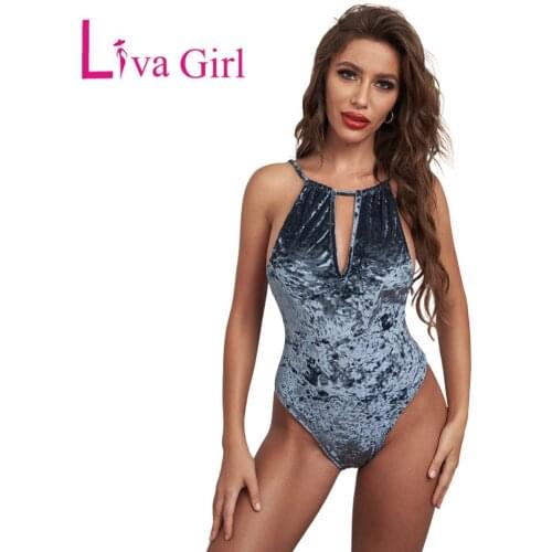 LIVA GIRL 2021 Woman Sexy Halter Backless Velvet Bodysuit Female Slim Solid Bedtime Body Tops Ladies Hollow Bodycon Jumpsuit
