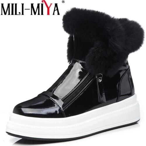 MILI-MIYA Fashion Women Patent Leather Snow Boots Solid Color Rabbit Hair Waterproof Warm Plush Slip-On Winter Shoes Size 34-40