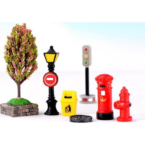 Mini Road Facilities Street Traffic Cone Mailbox Hydrant Garbage Can Flowerbed Miniature Street Micro Landscape Set Figurines