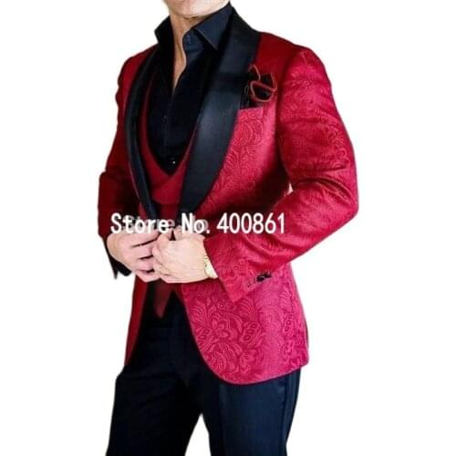 Fashion Burgundy Paisley Mens Toast Business Suits Evening Dress Slim Fits Groom Tuxedos (Jacket+Pants+Vest+Tie) W:131