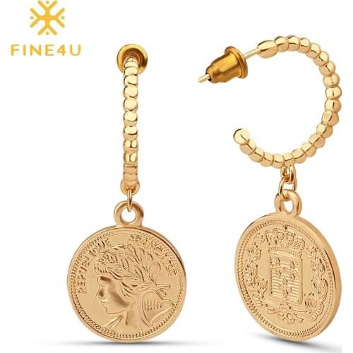 FINE4U E117 Trendy Portrait Drop Earrings Round Coin Dangle Earrings For Women Girls Gifts Brincos Oorbellen 2019