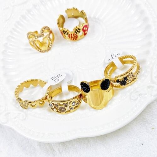 Cartoon Kawaii Mouse Ring Titanium Steel Chain Ring Inlaid Crystal Fashion Trendy Women Jewelry Birthday Gift Big Size