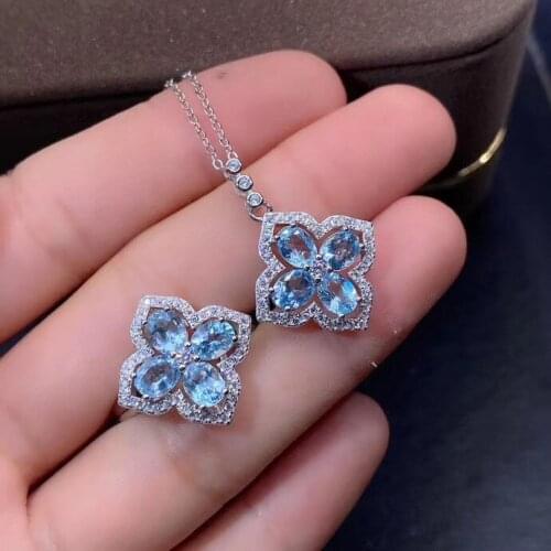 Flower Style Aquamarine jewelry set Natural and RealAquamarine 925 sterling silver 1pc pendant,1pc ring