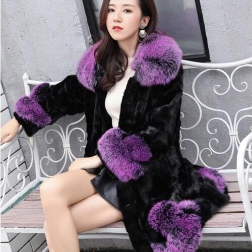 New womens natural real pieces mink fur coat with fox fur collar