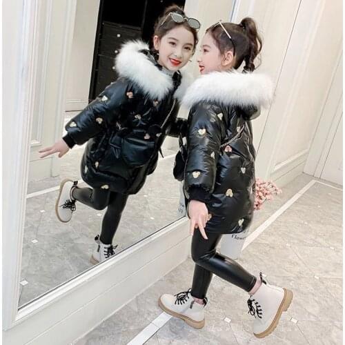 New 2021 Winter Down Coats Casual Warm Baby Girl Outerwear Hooded Fur Collar Cotton Parkas For 4 5 6 8 9 10 11 12Year 3 Colors