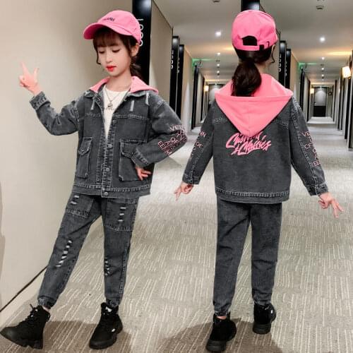 2019 Autumn Girls Set Cartoon Pattern Jacket+Jeans Fashion Clothing For Girls Teenage Spring Clothes For Kids 4 6 8 12 13 Years