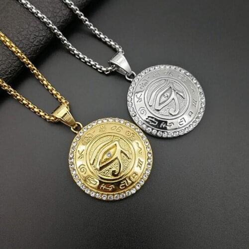 Hip Hop Rhinestones Paved Bling Stainless Steel Horus Eye Round Pendant Necklace for Men Jewelry Drop Shipping