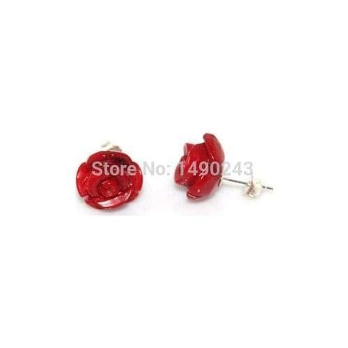 1 inches 10mm Red Natural Flower Shaped 925 Sterling Silver Coral Stud Earring