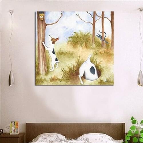 Dog, Owl, Jack Russell Terrier, cat, Landscape, "Busy Dogs", Pure Hand Painted Modern Painting On Canvas Home Decor