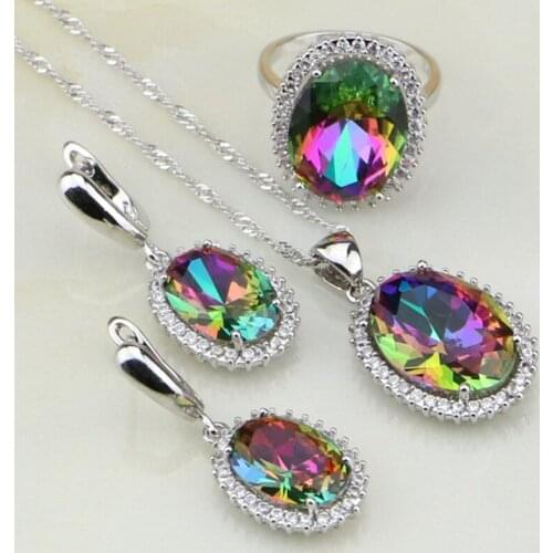 952 Sterling Silver Jewelry Mystic Rainbow Cubic Zirconia White CZ Jewelry Sets For Women Wedding Earrings/Pendant/Necklace/Ring
