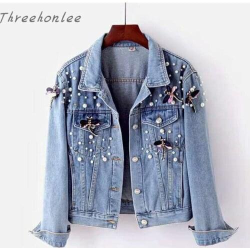 2021 Spring Autumn Denim Jacket Coat Women Beading Loose Overcoat Jeans Jacket Basic Coats Long Sleeve Casual Outerwear