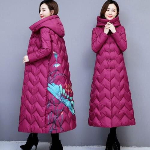 Women 2021 Winter Fashion Retro Printed Cotton-padded Jacket Female Long Thick Warm Parkas Ladies Buttons Hooded Overcoats U358