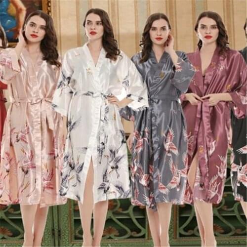 Women Summer Satin Kimono Pajamas Bathrobe Oriental Bride Bridesmaid Wedding Robe Dress Gown Sexy Lady Flower Long Sleepwear