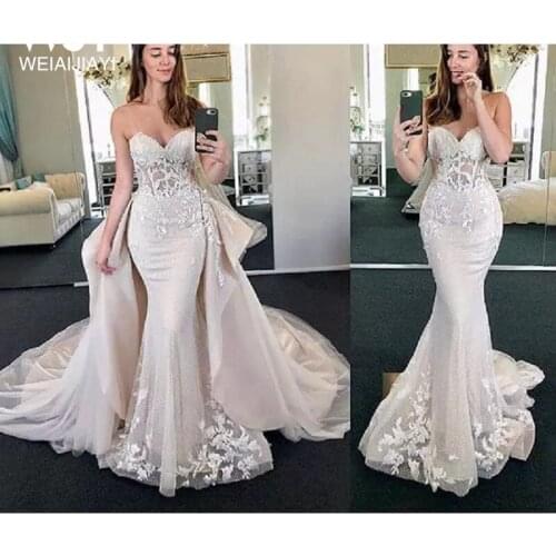 Little Champagne Mermaid Lace Sexy Bride Wedding Party Dress Detachable Train Brush Train Ruffle Vestido De Novia Robe De Mariee