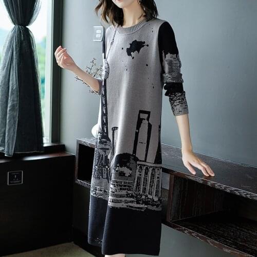 ZUOMAN 2020 New Women Sweater Dress Vintage O-neck Long Sleeve Knitting Dress Female M L XL XXL High Quality