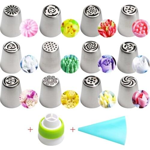14pc/Set Stainless Steel Russian Tulip Icing Piping Nozzles Flower Cream Pastry Tips Nozzles Silicone Bag Kitchen Accessories
