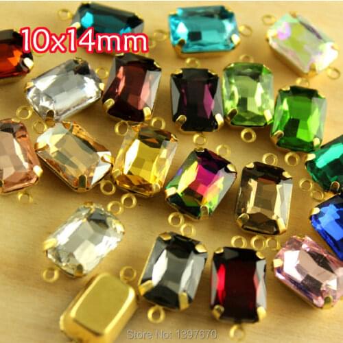 36pc 10x14mm rectangle glass crystal stones Rhinestone double Daggle Beads pendant with gold casting jewelry accessories