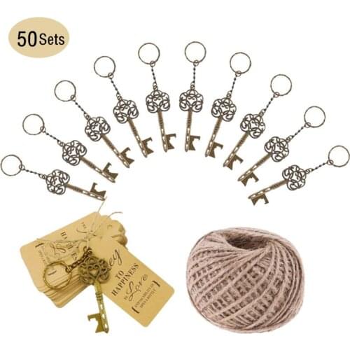 50Sets Keychain Bottle Opener Retro Wedding Party Favors Metal Pendant Antique Gifts for Guests