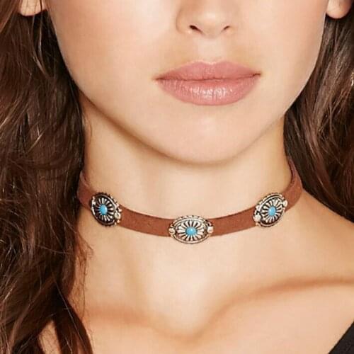 Ethnic Vintage Leather Choker Necklace Women Bohemian Chokers Necklace Flower Chocker Collier ras de cou
