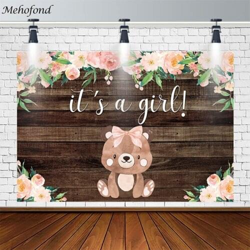 Girl Baby Shower Backdrop Pink Floral Bear Vintage Planks Child Banner Photography Background Photo Studio Photocall Decor Props
