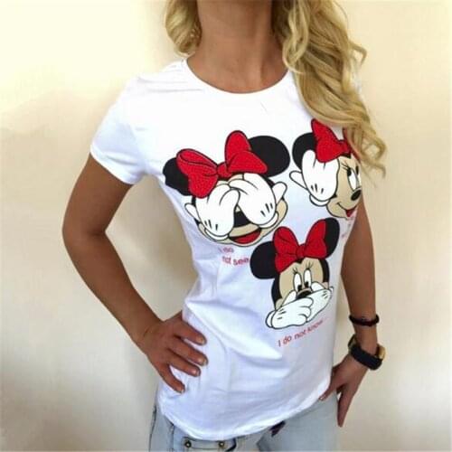 Disney Cartoon Minnie Mouse T-shirt Summer Women Short Sleeve T-shirt Female Clothing Fashion White Black Girl Casual Tees Tops