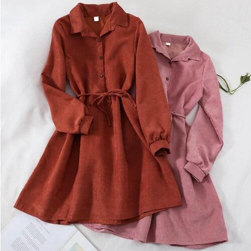 HISUMA Autumn Winter Lantern Sleeve Women Button Dress Lady Bandage Strap Slim Waist Pullover Cotton Blended Party Midi Dresses