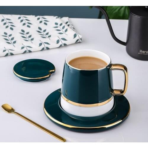 Ceramic mug with lid milk coffee cups European porcelain creative simple espresso Couple tea cup and saucer set gold spoon mugs