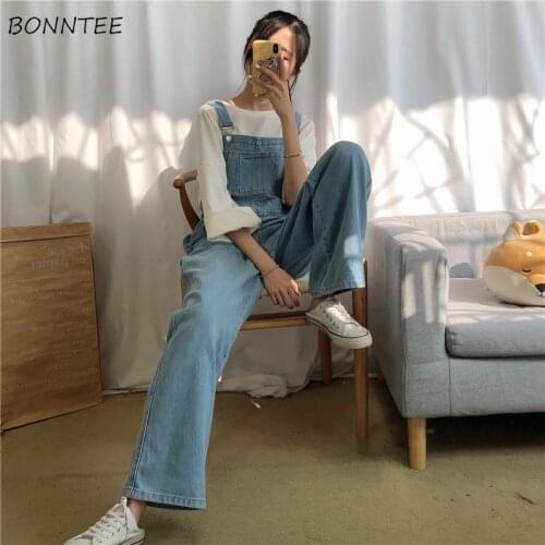 Jumpsuits Women Full Length Solid Pocket Classic Basic Design Korean Style Casual All-match Students Young Teens Retro Fashion
