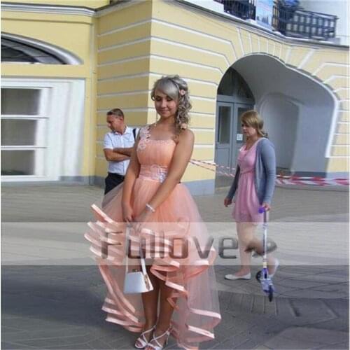 Coral One Shoulder Crystal Beaded Tulle Prom Dresses 2019 High Low Bow Slit Evening Party Gown Vestido De Baile Robe De Soiree