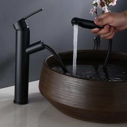 Bathroom Basin Faucets Brass Sink Mixer Taps Hot & Cold Pull Out Type Single Handle Black Lavatory Water Crane Free Shipping
