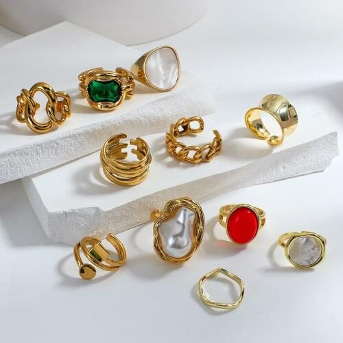 Lifefontier Multiple Gold Color Metal Rings for Women Punk Pearl Green Stone Shell Geometric Irregular Finger Open Rings Jewelry