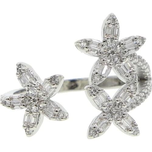 Fashion women finger ring silver color sparking bling 5A cz paved flower design open adjust ring