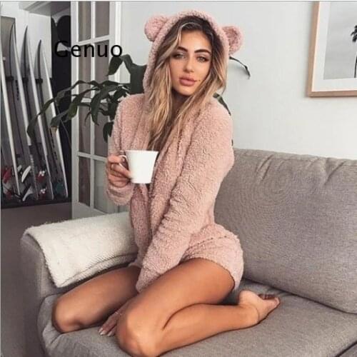 Autumn Keep Warm Velvet Women Rompers Long Sleeve Cute Bear Ears Hoodie Casual Winter Long Sleeve Siamese Shorts