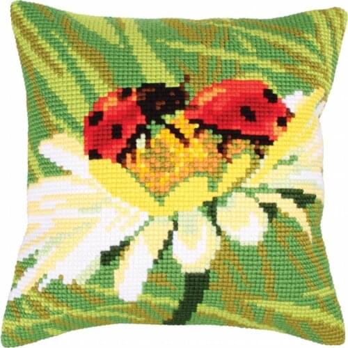 DIY Cross Stitch Cushion Front Ladybug Daisy Needlepoint Kits Printed Canvas Chunky Yarn Cross-stitch Pillow Case Arts & Crafts