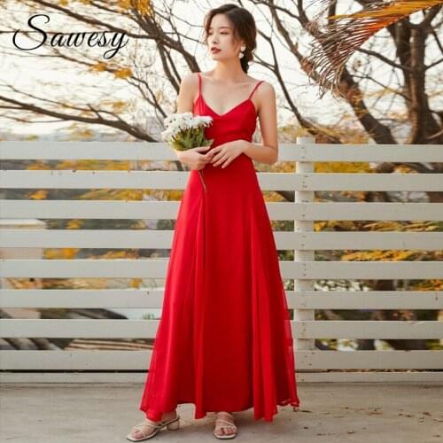Holiday Sexy Backless Chiffon Long Dresses Women 2020 Summer Spaghetti Strap Sleeveless Plain Maxi Dress Red White