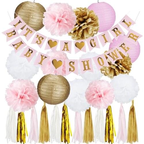 Pink Gold Baby Shower Decorations for Girl BABY SHOWER ITS A GIRL Bunting Banner Party Paper Lanterns Pompoms Tassel Garland