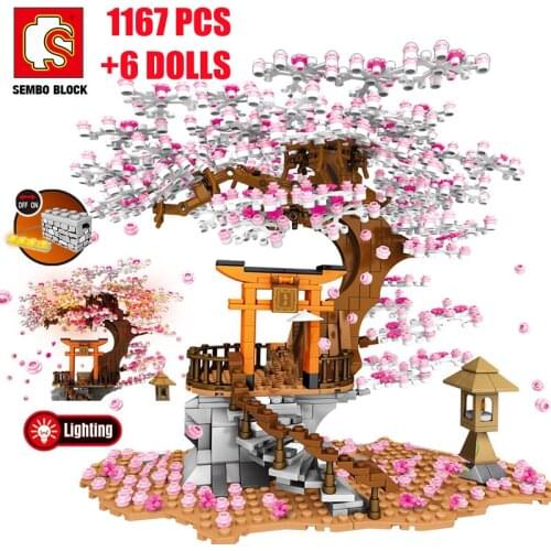 SEMBO City Japanese Inari Shrine Street View Sakura Bricks Friends Idea Cherry Blossom Tree House Building Blocks DIY Kids Toys
