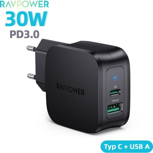 RAVPower USB C Charger PD 30W Dual Port USB Fast Charger for iPhone 12/12 Pro/12 Pro Max Galaxy Note 20/S20 Switch iPad Pro 2018
