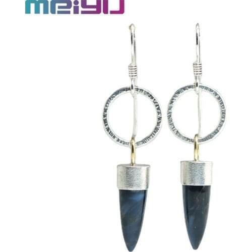 Glittering Small Circle and Tribal Blue Marble Bullet Earrings Vintage Silver Color Hook Earrings for Women Party Jewelry Gift