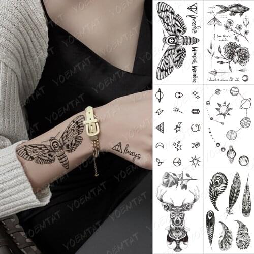 Waterproof Temporary Tattoo Sticker Butterfly Deer Flash Tatto Feather Flower Letter Planet Tatoo Body Art Hand Fake Tatto Women