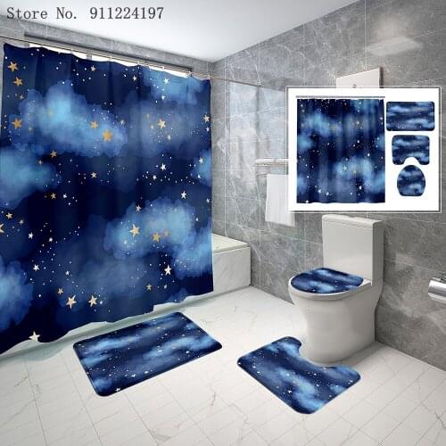 3D Print Starry Night Shower Curtain Set Moon And Stars Print Polyester Bathroom Curtains With Anti-slip Bath Mats Carpets Rugs