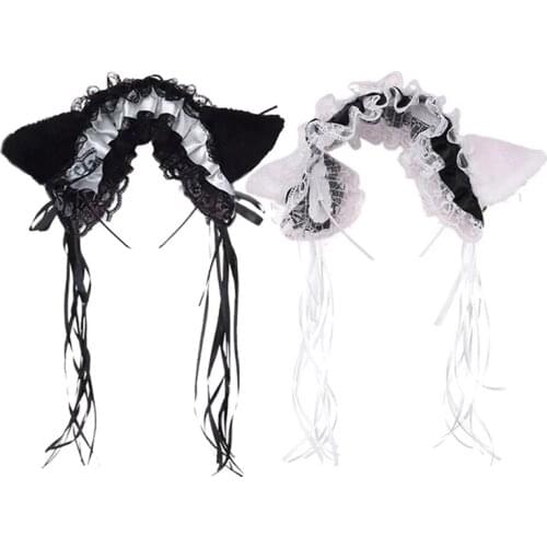 Maid Women Ruffles Lace Headband Plush Cat Ears Ribbon Bell Hair Hoop Cosplay